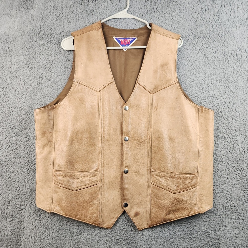 Vintage MOB Genuine Leather Vest Mens Large Biker Riding Tan Western Snap Front